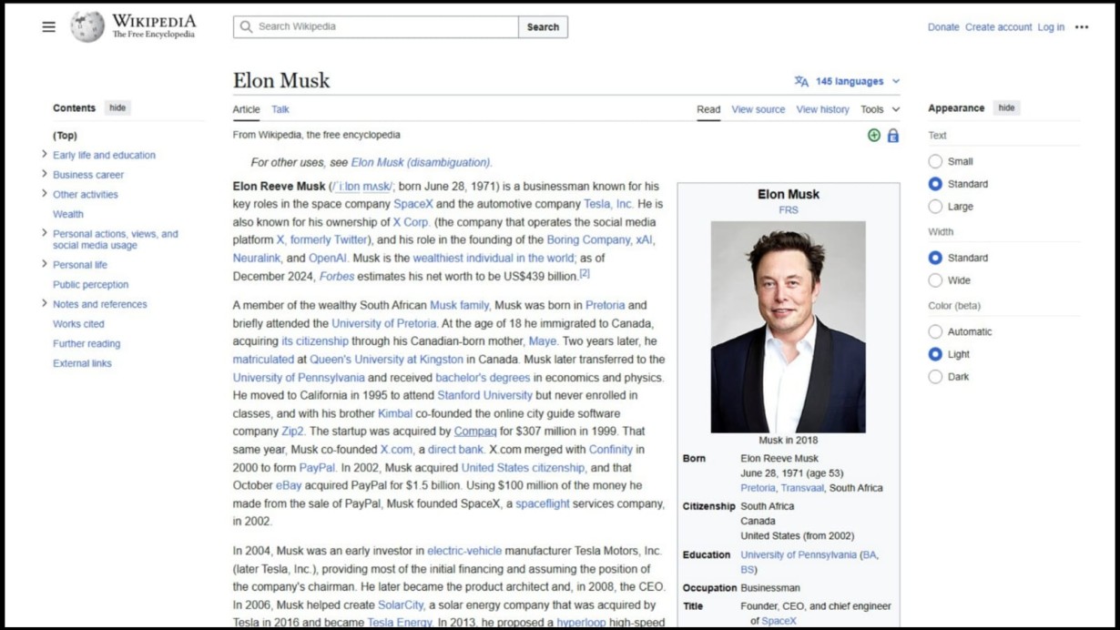 Elon Musk on Wikipedia